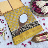 Vriksham Yellow Leaf Print Maheshwari Cotton Silk Saree-Handloom -VS4466