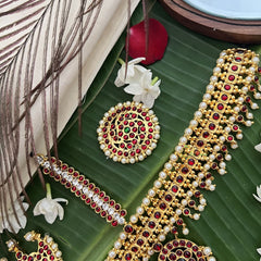 Vriksham Traditional Kemp Gold Plated Square Tikka With Chandran Suriyan-Red Green-Prearl-G19642