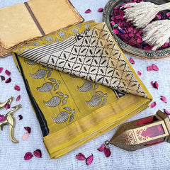 Vriksham Yellow Leaf Print Maheshwari Cotton Silk Saree-Handloom -VS4466