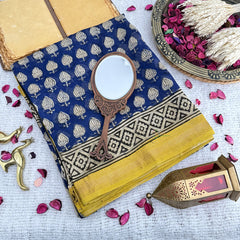 Vriksham Navy Blue Floral Print Maheshwari Cotton Silk Saree-Handloom -VS4467