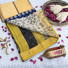 Vriksham Navy Blue Floral Print Maheshwari Cotton Silk Saree-Handloom -VS4467