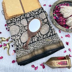 Black and White Maheshwari Cotton Silk Saree -Handloom Maheshwari Saree-VS3632