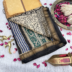 Black and White Maheshwari Cotton Silk Saree -Handloom Maheshwari Saree-VS3632