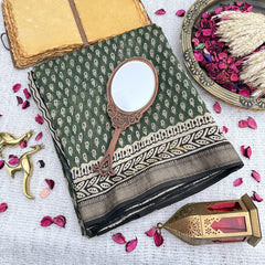 Olive Green Maheshwari Cotton Silk Saree -Handloom Maheshwari Saree-VS3644