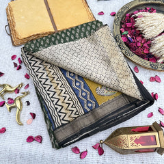 Olive Green Maheshwari Cotton Silk Saree -Handloom Maheshwari Saree-VS3644