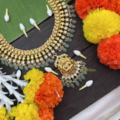 Vrikshamv Dual Tone Golden Look Kundan Jadau Lakshmi Long Neckpiece-Aqua Green Bead-J4018