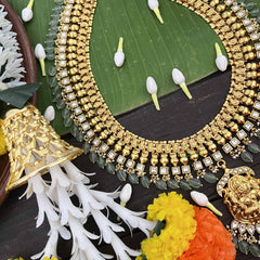 Vrikshamv Dual Tone Golden Look Kundan Jadau Lakshmi Long Neckpiece-Aqua Green Bead-J4018