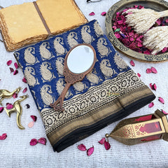 Dark Blue Maheshwari Cotton Silk Saree -Handloom Maheshwari Saree-VS3642