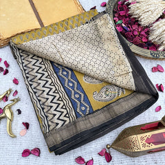 Light Mustard Yellow Maheshwari Cotton Silk Saree -Handloom Maheshwari Saree-VS3639