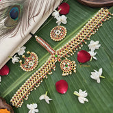 Vriksham Traditional Kemp Gold Plated Manga Design Tikka With Chandran Suriyan-Red Green & White-Prearl-G19645