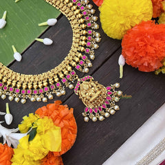 Vrikshamv Dual Tone Golden Look Kundan Jadau Lakshmi Long Neckpiece-Pink-Pearls-J4019