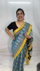 Vriksham Blue Turquoise Printed Maheshwari Cotton Silk Saree-Handloom -VS4478