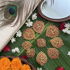 Vriksham Traditional Kemp 9 Piece Leaf Style Bridal Jadai Billai-Red Green-G19702