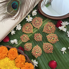 Vriksham Traditional Kemp 9 Piece Leaf Style Bridal Jadai Billai-Red Green-G19702