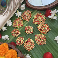 Vriksham Traditional Kemp 9 Piece Leaf Style Bridal Jadai Billai-Red Green-G19702