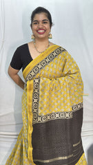 Vriksham Yellow Leaf Print Maheshwari Cotton Silk Saree-Handloom -VS4466