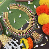 Vrikshamv Dual Tone Golden Look Kundan Jadau Lakshmi Long Neckpiece-Pink White-Pearls & Aqua Green Bead-J4020