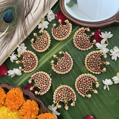 Vriksham Traditional Kemp Half Moon Style Floral Jadai Billai-Red Green-Pearl-G19701