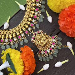 Vrikshamv Dual Tone Golden Look Kundan Jadau Lakshmi Long Neckpiece-Pink White-Pearls & Aqua Green Bead-J4020