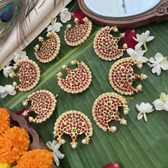 Vriksham Traditional Kemp Half Moon Style Floral Jadai Billai-Red Green-Pearl-G19701