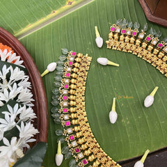 Vrikshamv Dual Tone Golden Look Kundan Jadau Lakshmi Long Neckpiece-Pink White-Pearls & Aqua Green Bead-J4020