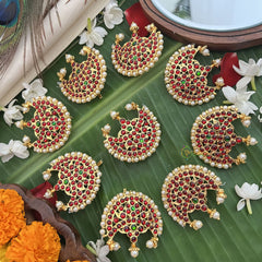 Vriksham Traditional Kemp Half Moon Style Floral Jadai Billai-Red Green-Pearl-G19701