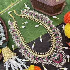 Vrikshamv Elegant Half Moon With Peacock Motif Kundan Jadau Guttapusalu Haaram-Rice Pearls-J4021