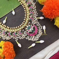 Vrikshamv Elegant Half Moon With Peacock Motif Kundan Jadau Guttapusalu Haaram-Rice Pearls-J4021