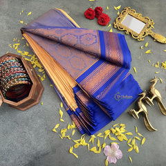 Mango Color with Blue Border Semi Soft Silk Saree-VS4027
