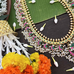 Vrikshamv Elegant Half Moon With Peacock Motif Kundan Jadau Guttapusalu Haaram-Rice Pearls-J4021