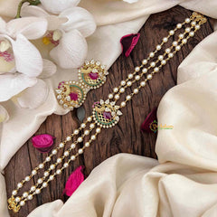 Vriksham Gold look alike Pearl High Neck Choker-Peacock-Red Green Right Side-G21809