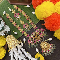 Vrikshamv Dual Gaj Lakshmi Pendant Kundan Jadau Haaram-Pink White-Aqua Green Bead-J4022