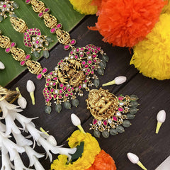 Vrikshamv Dual Gaj Lakshmi Pendant Kundan Jadau Haaram-Pink White-Aqua Green Bead-J4022