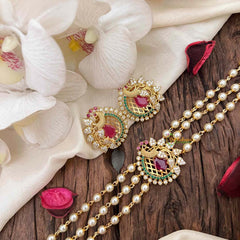 Vriksham Gold look alike Pearl High Neck Choker-Peacock-Red Green Right Side-G21809