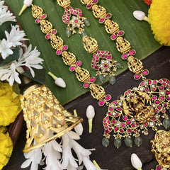 Vrikshamv Dual Gaj Lakshmi Pendant Kundan Jadau Haaram-Pink White-Aqua Green Bead-J4022