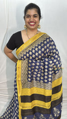 Vriksham Navy Blue Floral Print Maheshwari Cotton Silk Saree-Handloom -VS4467