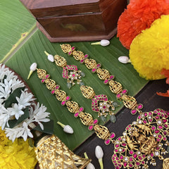 Vrikshamv Dual Gaj Lakshmi Pendant Kundan Jadau Haaram-Pink White-Aqua Green Bead-J4022