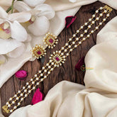 Vriksham Triple-Layer Pearl Mala With Gemstone-Encrusted Pendant Pearl Choker Neckpiece-Red-G21802