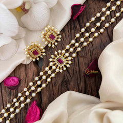 Vriksham Triple-Layer Pearl Mala With Gemstone-Encrusted Pendant Pearl Choker Neckpiece-Red-G21802