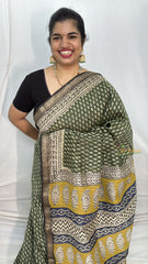 Olive Green Maheshwari Cotton Silk Saree -Handloom Maheshwari Saree-VS3644