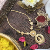 Vriksham Lakshmi White Round Pendant Short Neckpiece-Red Beads-G18891