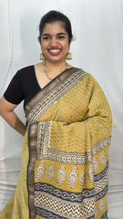 Light Mustard Yellow Maheshwari Cotton Silk Saree -Handloom Maheshwari Saree-VS3639