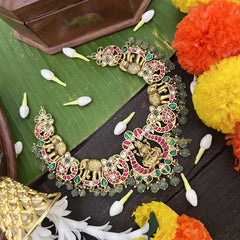 Vrikshamv Traditional Lakshmi With Elephant Kundan Jadau Short Neckpiece-Aqua Green Bead-J4024