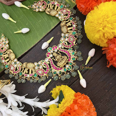 Vrikshamv Traditional Lakshmi With Elephant Kundan Jadau Short Neckpiece-Aqua Green Bead-J4024