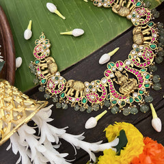 Vrikshamv Traditional Lakshmi With Elephant Kundan Jadau Short Neckpiece-Aqua Green Bead-J4024