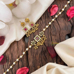 Vriksham Grand Festive Emerald Square Choker with Ruby Accents Pearls Choker Neckpiece-Red Green-G21804