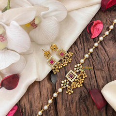 Vriksham Grand Festive Emerald Square Choker with Ruby Accents Pearls Choker Neckpiece-Red Green-G21804