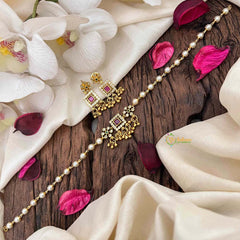 Vriksham Grand Festive Emerald Square Choker with Ruby Accents Pearls Choker Neckpiece-Red Green-G21804