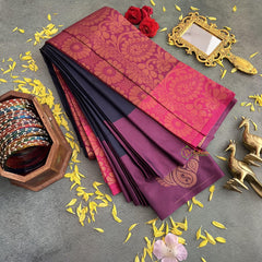 Navy Blue with Self Design Border Semi Soft Silk Saree-VS4032