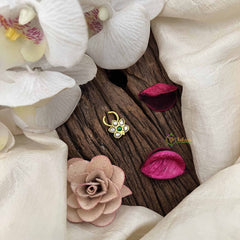 Vriksham Elegant Leaf Style Golden Kundan Jadau Septum Ring-White Green-J3756